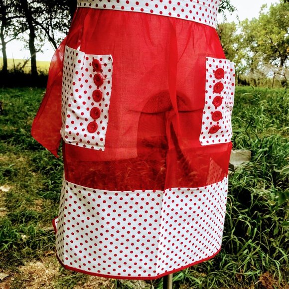 Vintage Half Apron Organdy Red Polka Dot - Picture 7 of 9